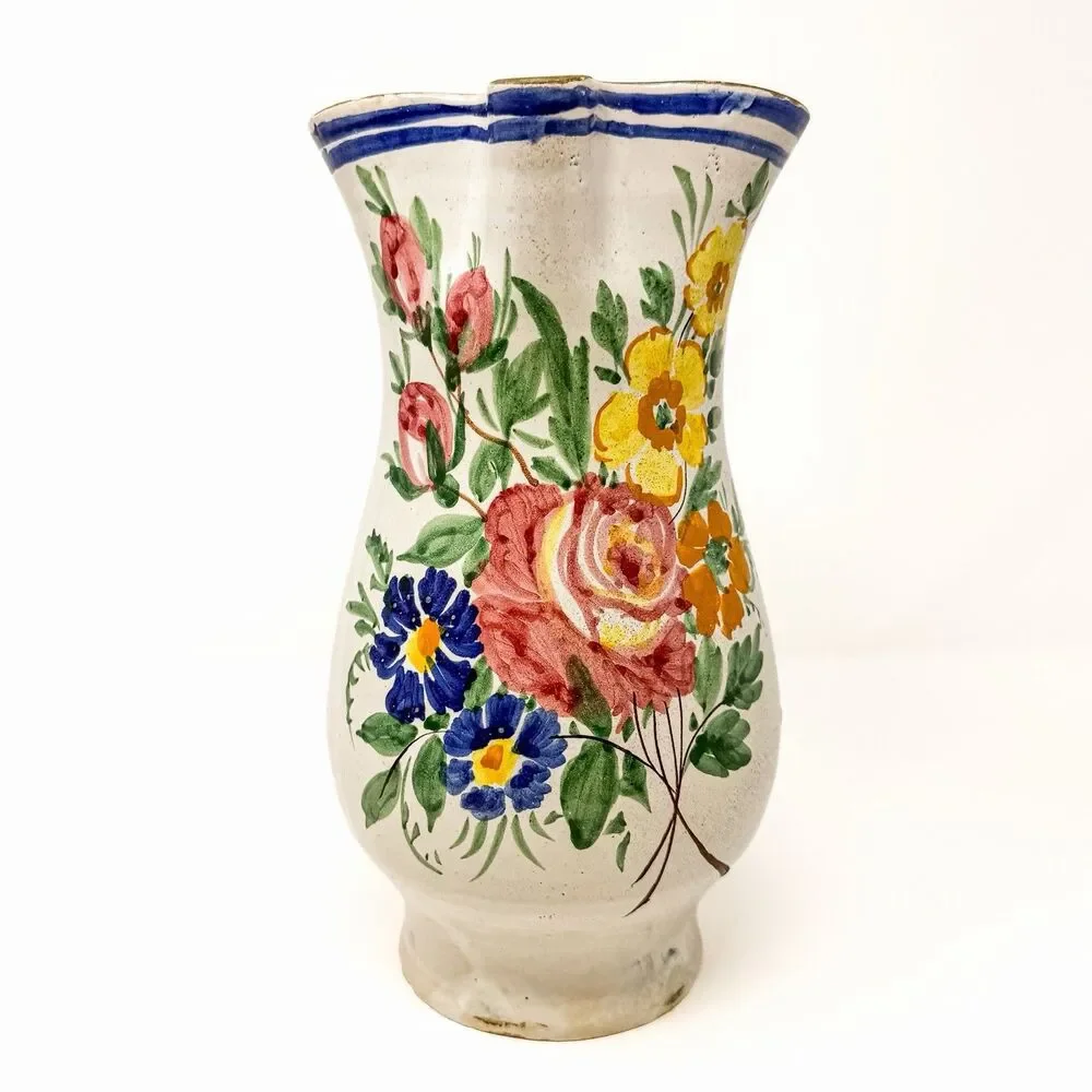 Vintage Italian Faience Majolica Pitcher Hand Painted Floral Folk Art Pottery